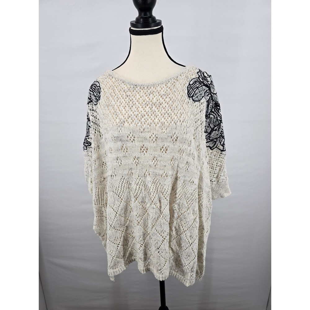 Knitted‎ & Knotted Anthropologie Floral Embroidered Pointelle Sweater XS/S Cream